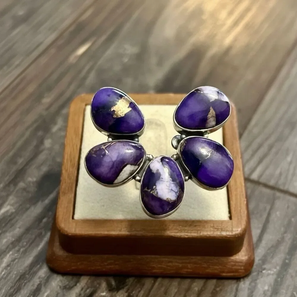 Southwestern Purple Copper Dahlia Turquoise Boho Statement Ring Sterling Silver